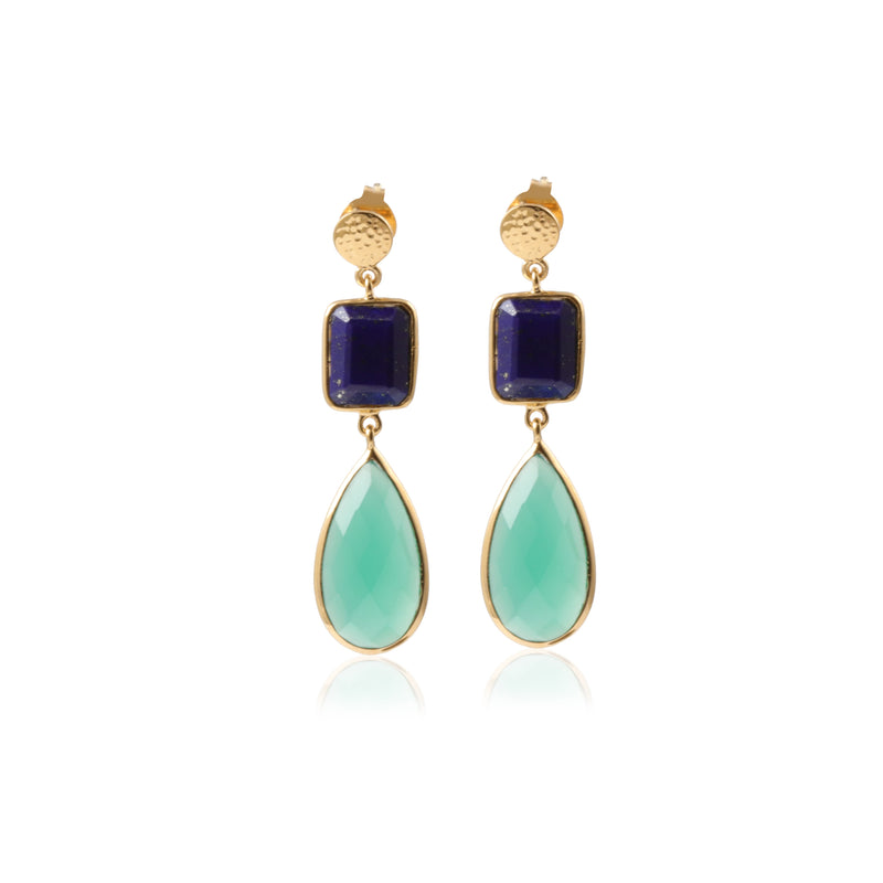 Vama Couture Gaia Earrings | Metal-Gold | Stone-Lapis Lazuli + Green Onyx | Finish-Shiny