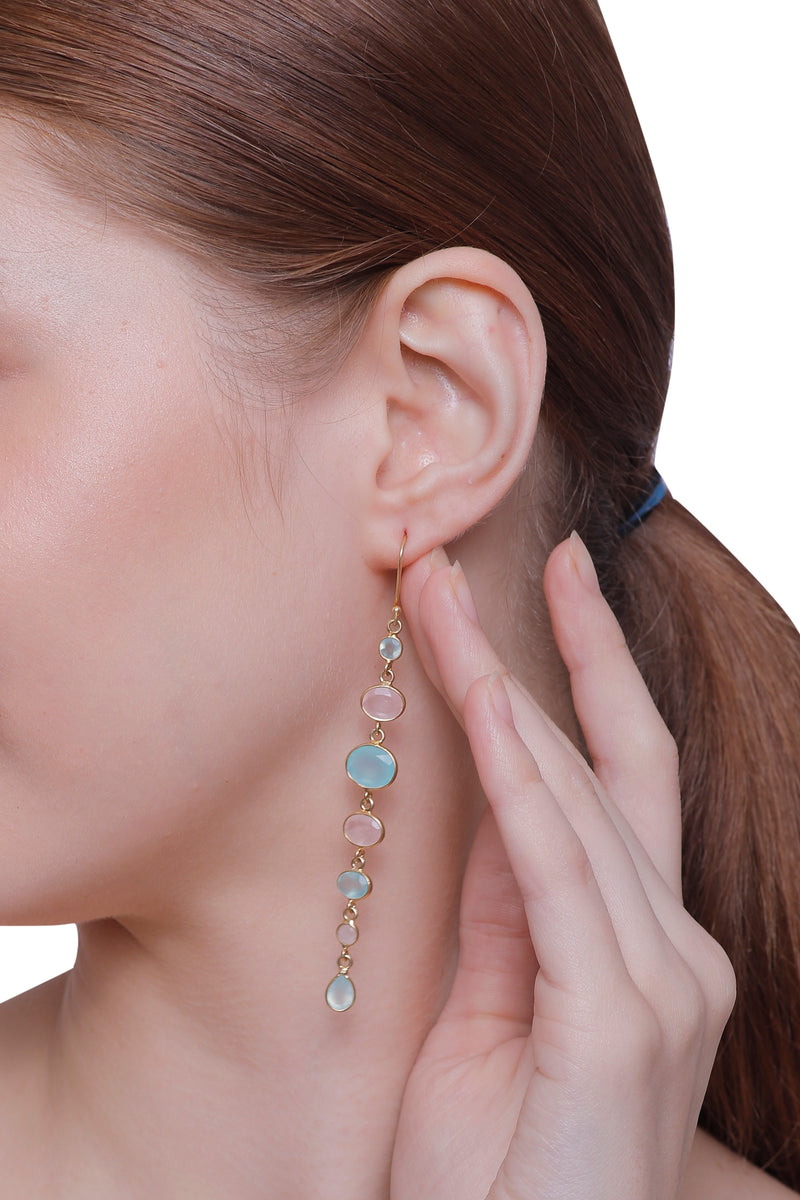 Vama Couture | Lyla Earrings in Sterling Silver with Aqua Chalcedony & Rose Quartz | Shiny Finish Jewelry Australia