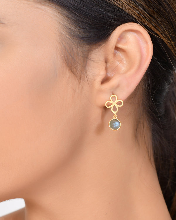 Vama Couture | Mytros Earrings in Sterling Silver with Labradorite Stone & Brushed Finish | Elegant Jewellery in Australia